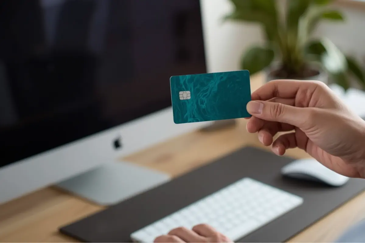 Bezpečný nákup na internetu. Zákazník nakupuje na e-shopu přes počítač a platí platební kartou.