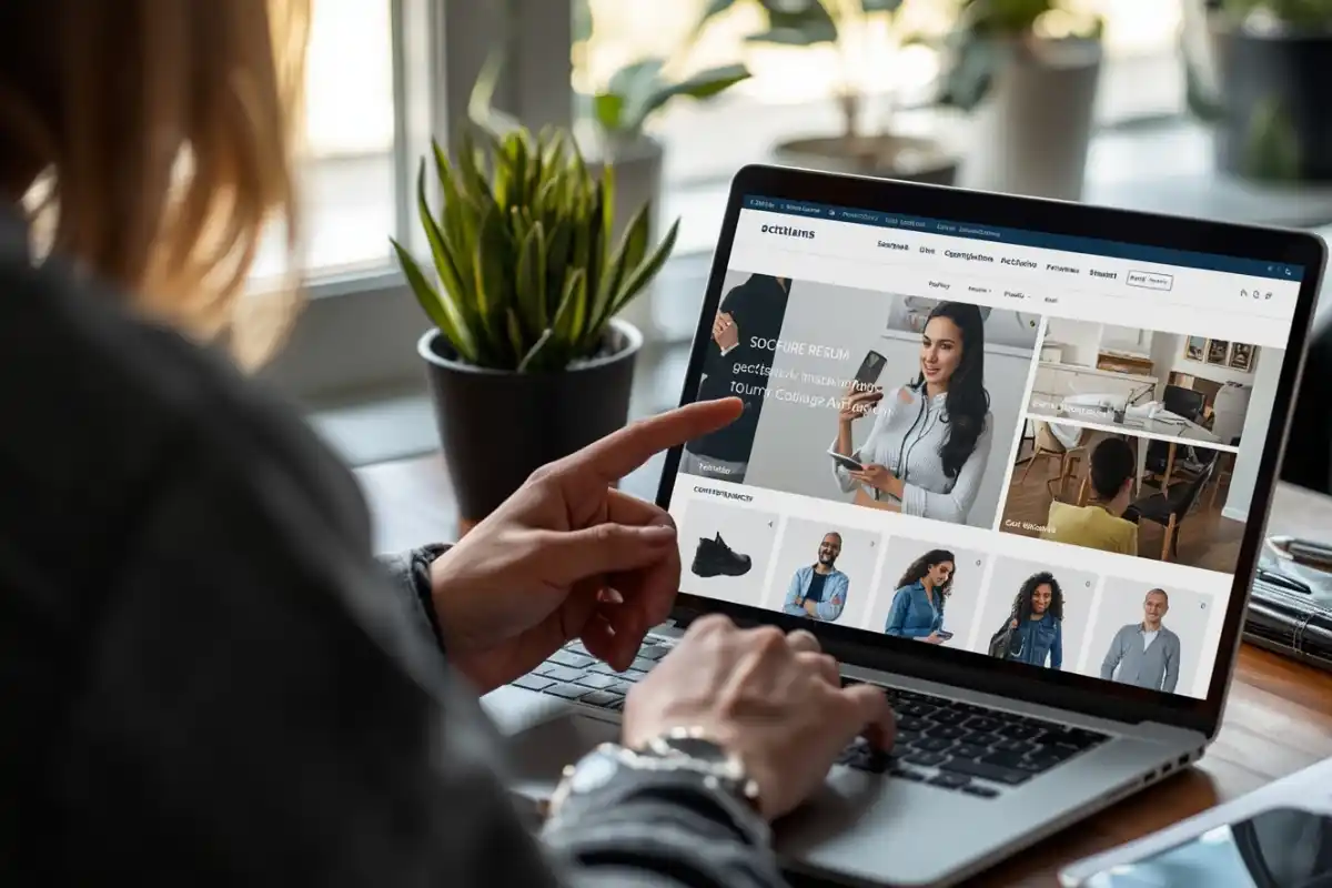 Žena u laptopu prohlíží e-shop, ukazuje prstem na obrazovku se zbožím. Společnost Temu musí zaplatit 4,9 miliard korun.