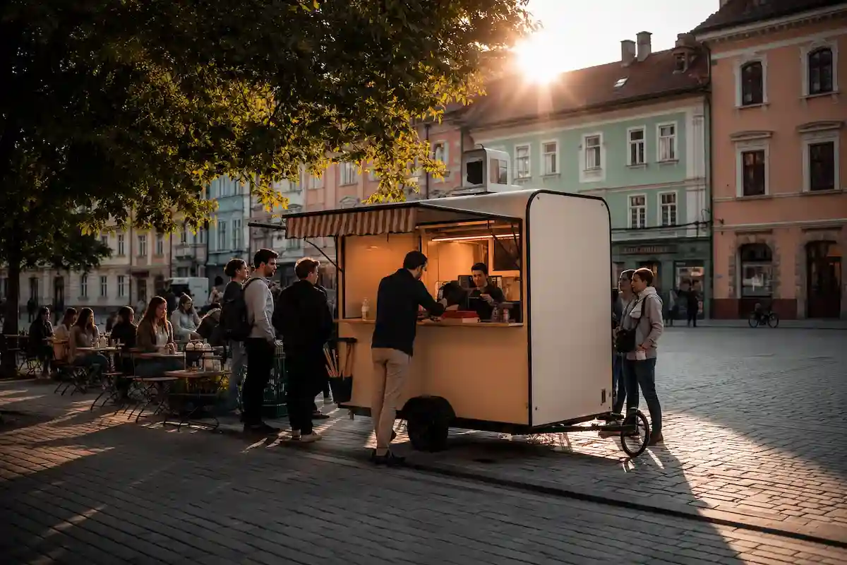 Mobilní stánek s občerstvením na náměstí při západu slunce, před kterým čeká několik zákazníků.