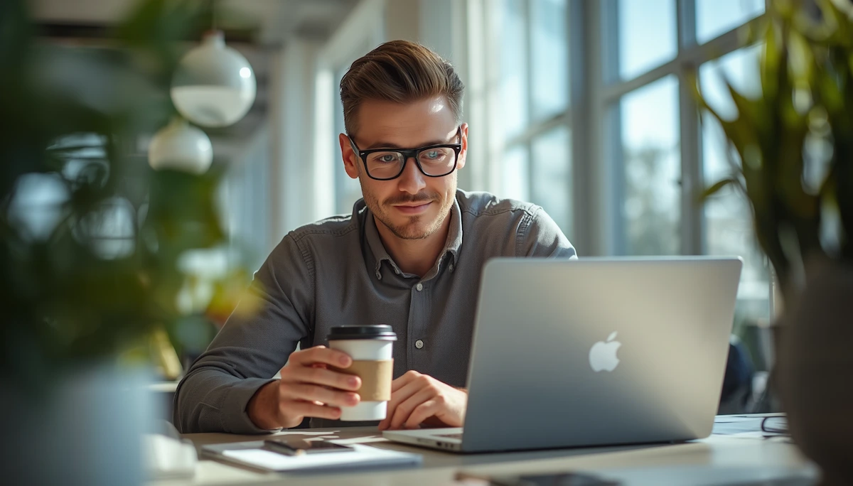 Freelancer pracující u notebooku s kelímkem kávy v moderní kanceláři.