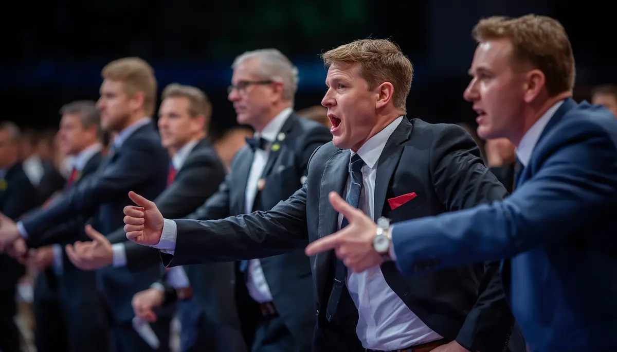 Muži v oblecích soutěží a gestikulují během sportovního utkání jako symbol konkurence a soupeření.