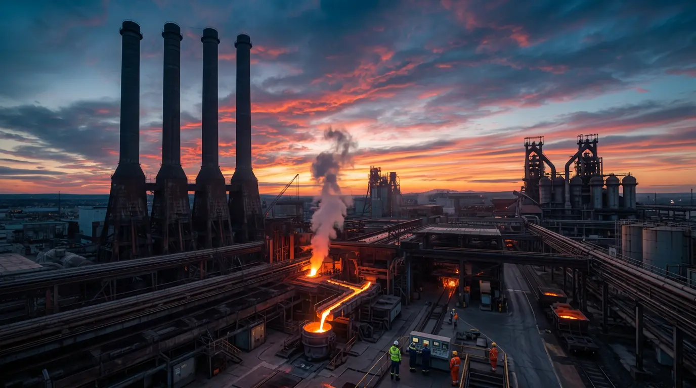 Ocelárna s výrobními provozy, vysokými komíny a zpracováním rozžhavené oceli.